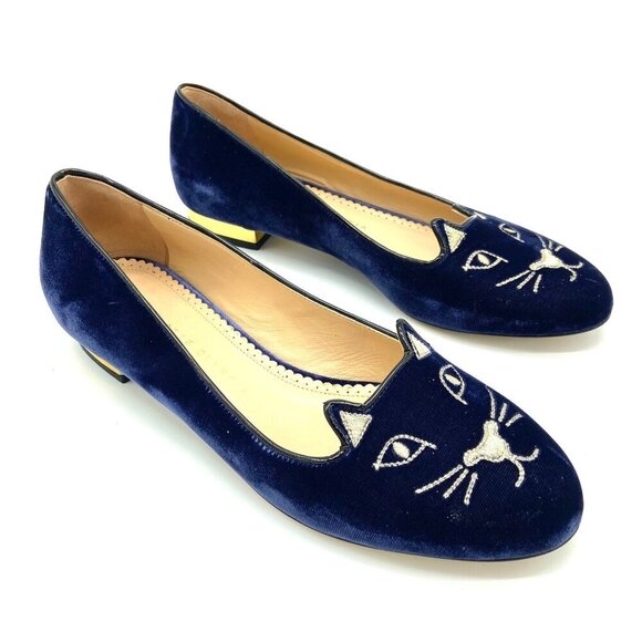 Charlotte Olympia Kitty Cat Navy Blue Velvet Flats Loafers Gold, EU 39 US 8.5-9 - Picture 3 of 12